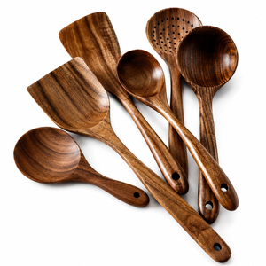 Ensemble de cuillères de cuisine en bois écologiques, ustensiles de cuisine antiadhésifs avec manches modernes gris foncé, résistants à la chaleur, pour hôtels - Product Image 6