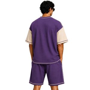 Royal Purple Mens Oversized T Shirt And Shorts <b>Set</b> Beige Contrast Sleeves Custom Logo Crew Neck Casual Streetwear Wholesale - Product Image 2