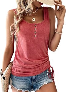 Camiseta sin mangas roja para mujer con detalle de botones y lazo lateral, top informal de punto con cuello redondo - Product Image 1
