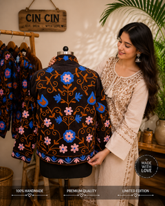Black Velvet <b>Mandarin</b> <b>Collar</b> <b>Jacket</b> With Floral Embroidery Full Sleeve Autumn Women's Outerwear - Product Image 5