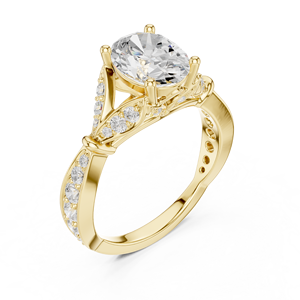 Bague de fiançailles solitaire en or jaune personnalisée avec diamant ovale de laboratoire et bande pavée pour femme - Product Image 1