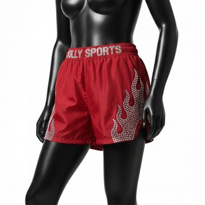 Shorts de Baño para Mujer, Tela de Natación de Nailon y Poliéster de Alta Calidad, 120 GSM, Panel Rojo con Diseño de Llama, Logotipo Personalizado con Hotfix - Product Image 4