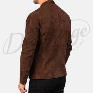 Chaqueta de Cuero de Gamuza Marrón Premium para Hombre, Corte Ajustado, Cuello Alto Minimalista, Cierre de Cremallera, Estilo Bomber, Ligera y Moderna - Product Image 3