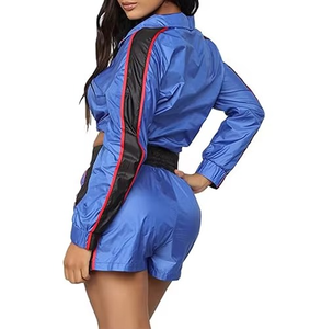 Ensemble deux pièces bleu pour femme : haut court à manches longues avec bande latérale et short – Survêtement sportif printemps-été - Product Image 5