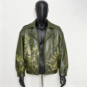 Men's Leather <b>Jacket</b> Turn-down Collar Zipper Closure Embossed <b>Star</b> Gear Pattern Casual Style Regular Length - Product Image 3