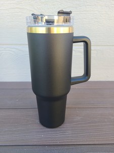 Stainless Steel Tumbler With Handle Black <b>Gold</b> Trim Vacuum Insulated Travel <b>Mug</b> 24 Hour Thermal Retention - Product Image 2