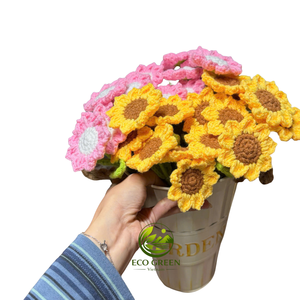 ดอกไม้โครเชต์ทำมือจากฝ้าย ก้านดอกสีชมพู ดอกไม้ถักประดิษฐ์สำหรับจัดดอกไม้ DIY ตกแต่งบ้าน - Product Image 6