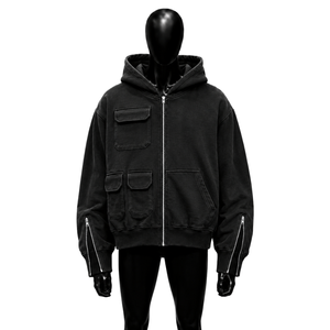 EVERYDAY STREETWEAR BLACK OVERSIZED ZIP UP HOODIE WITH UTILITY POCKETS MODERN With Multiple Pockets And Sleeve Zippers Casual St - Product Image 1