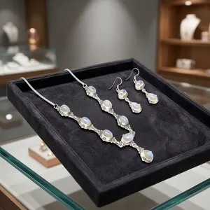 <b>Rainbow</b> Moonstone 925 Sterling Silver Jewelry Set Elegant Oval Gemstone Necklace <b>Drop</b> Earrings Bezel Setting Bohemian Gift - Product Image 2