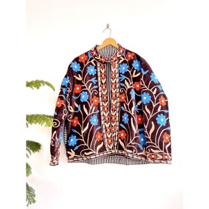 Chaqueta Bomber Corta de Otoño, Tejida a Mano, de Terciopelo Ecológico, Estilo Vintage, con Cuello Mao, Manga Larga y Estampado Floral - Product Image 1