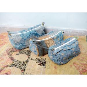 Indian Kantha Hand Block Print Cotton Cosmetic Bag Set with Tassel Zipper Closure Vintage Style-Women's Travel Makeup Pouch - Product Image 3