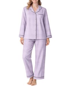 Ensemble de pyjama pour femmes en coton doux à carreaux gris lavande, manches longues, boutonné, vêtements de nuit, ensemble de deux pièces, ensemble confortable pour se détendre - Product Image 1