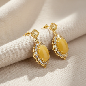 Pendientes de Ónix Amarillo y Circonita Cúbica |   Ovalado de 8 mm |   Plata de Ley 925 Chapada en Oro de 18K |   Joyería llamativa |   Joyería de Boda - Product Image 1