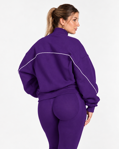 Conjunto Deportivo de Dos Piezas para Mujer con Cremallera Completa y Líneas en Contraste: Chaqueta Relajada y Pantalones de Pierna Ancha a Juego - Product Image 4