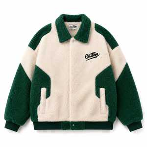 Men's Fleece Varsity Jacket Green White Color Block Embroidered Logo Turn-down Collar Casual Winter <b>Coat</b> <b>Heated</b> Windproof - Product Image 2