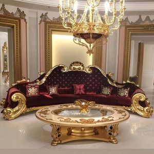 Luxury Solid Teak <b>Wood</b> <b>Sofa</b> Set French Rococo Burgundy Velvet 5 Seater Curved <b>Sofa</b> Round Coffee Table Royal Villa Living Room - Product Image 4