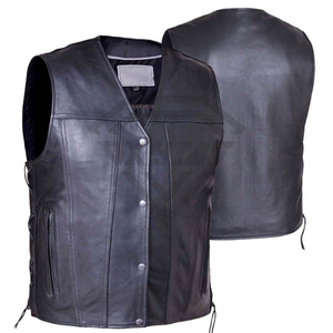 Chaleco de cuero negro personalizado para hombre, estilo motociclista, con cierre frontal a presión y cordones laterales, para club, ropa exterior, chaqueta sin mangas de cuero genuino. - Product Image 6