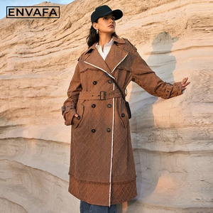ENVAFA <b>Women</b> Long Trench <b>Coat</b> Woven Breathable <b>Double</b> <b>Breasted</b> Turn-down Collar Casual Autumn Outerwear Solid Color Full Sleeve - Product Image 1