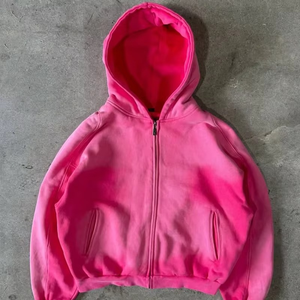 Sweat à capuche personnalisé patchwork avec broderie, effet vieilli, délavé à l'acide, délavé soleil, zippé, avec strass, LOGO OEM - Product Image 2