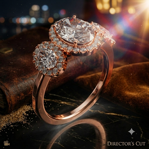 Anillo de Compromiso de Lujo con Tres Diamantes de Corte Ovalado y Halo de Piedras Laterales en Oro Rosa, Fabricante de Joyería Fina Personalizada - Product Image 1