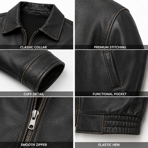 Veste en cuir véritable marron pour homme, style vintage délavé, veste bomber décontractée, veste de motard, fermeture éclair, OEM ODM - Product Image 6