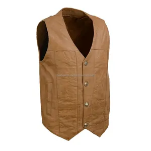 Best Selling Men's Leather Vest Brown Color V-Neck Western Style Button Closure Dear Skin Leather Vest