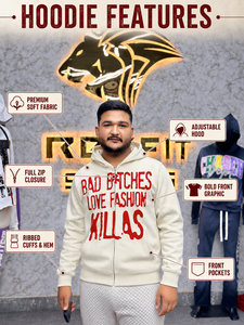 Sweat à capuche zippé crème pour homme, coupe oversize, style streetwear, en coton French Terry, avec impression sérigraphiée de lettres sur le devant, idéal pour l'automne - Product Image 2