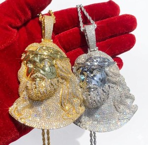 <b>Iced</b> <b>Out</b> Jesus Face Pendant Necklace Silver Plated Cubic Zirconia Pave Setting Men's Religious Hip Hop Style Rope <b>Chain</b> Jewelry - Product Image 4