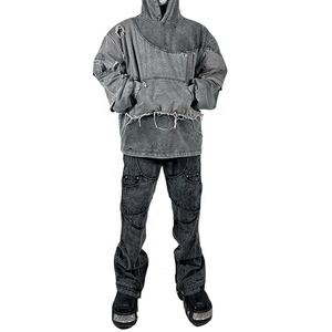 Kafany Garment Custom Streetwear Ripped Hoodies <b>Men</b> Stone Acid Wash Double Layer Raw Hem Distressed <b>Hoodie</b> - Product Image 3