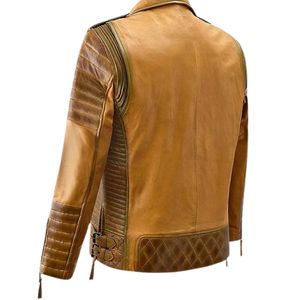Men's Tan Genuine Leather Motorcycle Jacket Turn-down Collar Zipper Closure Moto Style Autumn Wear - Product Image 2