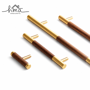 Brass and Brown Wooden Cabinet Handle with Cylindrical <b>Bar</b> Shape Gold Finish T <b>Bar</b> Design Modern Drawer <b>Pull</b> Furniture Hardware - Product Image 1
