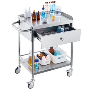 Chariot de laboratoire à 2 niveaux en acier inoxydable, capacité de 220 lb, roues silencieuses à 360°, tiroirs, chariot de rangement à capacité de 220 lb - Product Image 1