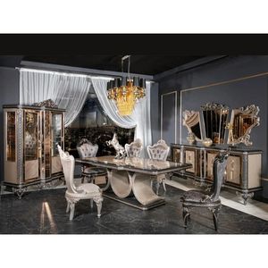 Juego de Comedor de Lujo Real de Madera de Caoba Sólida con Tallado Plateado, 7 Piezas, Muebles para Hotel, Villa o Mansión - Product Image 1