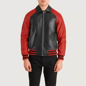 Men's <b>Black</b> <b>and</b> <b>Red</b> Leather Bomber <b>Jacket</b> with Zipper Closure <b>and</b> Color Blocking Design <b>Varsity</b> <b>Jacket</b> For Men - Product Image 1