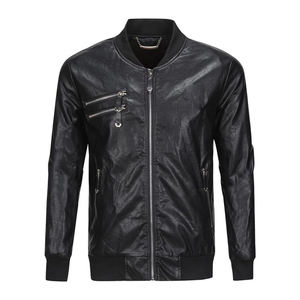 Blouson bomber noir en PU pour homme, col montant, fermeture éclair, style moto, coupe classique, couleur unie, pour l'automne - Product Image 1