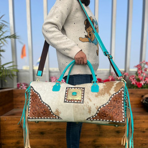 Bolsas de viaje grandes con flecos turquesa unisex occidental cuero de vaca Estilo Vintage hecho a mano real - Product Image 2