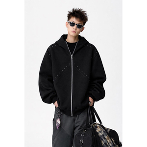 Sudadera con Capucha Negra Extra Grande para Hombre, con Cierre y Detalles de Pedrería, Estilo Urbano, Corte Regular, 100% Algodón French Terry - Product Image 1