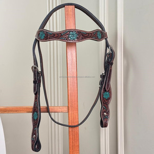 Handcrafted Western Horse Headstall Floral Hand <b>Tooled</b> <b>Leather</b> with Turquoise Accents & Adjustable Buckles for Equestrian Tack - Product Image 4