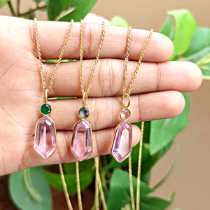 Gorgeous pink quartz <b>with</b> multiple cubic zirconia pendant 18k gold plated brass metal chain wholesale faceted stone necklace - Product Image 4