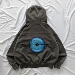 Sweat-shirt à capuche surdimensionné pour homme avec fermeture éclair et motif œil, couleur unie, en coton tricoté, style streetwear - Product Image 4