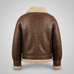 <b>Brown</b> Real Shearling Bomber <b>Jacket</b> <b>Mens</b> Warm Fur Lined <b>Leather</b> Flight Coat Heavyweight B3 Aviator Winter Outerwear - Product Image 2