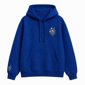 Sweat-shirt à capuche surdimensionné bleu royal pour femme avec broderie florale, poche avant, manches régulières, en coton tricoté, pour l'automne - Product Image 1