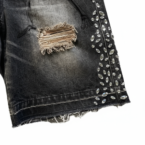 Shorts en jean déchirés taille haute avec strass, style streetwear, pour homme, noir, effet usé, été - Product Image 4