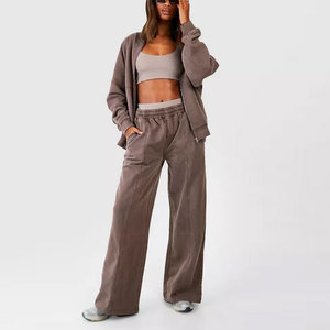 Fashionable Women’s Casual Stylish Acid wash Sweatshirt and Jogger Set Casual Streetwear Loose Fit Two Piece <b>Zip</b> <b>Up</b> Tracksuits - Product Image 1