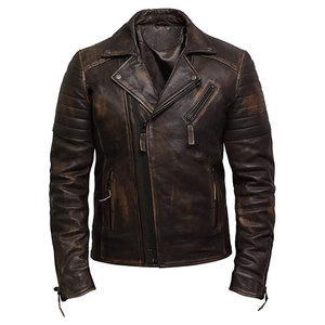 Men's Genuine <b>Leather</b> Moto <b>Jacket</b> Slim Fit Turn-down Collar Zipper Closure Washed <b>Brown</b> Biker Style Outerwear <b>Leather</b> <b>Jacket</b> - Product Image 1