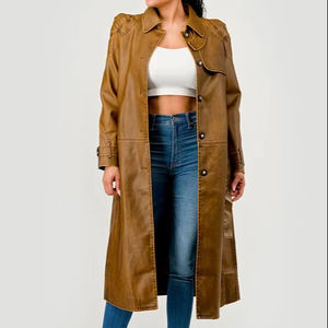 Manteau long vintage en cuir d'agneau véritable pour femme, col rabattu, boutons en corne, manches longues, rembourrage 100% polyester, hiver - Product Image 5