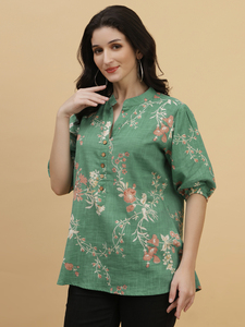 Chemise tendance pour femme, imprimé floral vert, coton, col mandarin, manches ballon trois quarts, boutonnée, décontractée et pour le bureau - Product Image 2