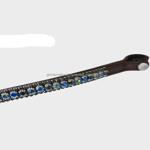 Bandeau de tête pour cheval en cuir italien noir, forme vague profonde, décoré de 3 rangées de cristaux bleus et noirs scintillants, effet mega bling - Product Image 1