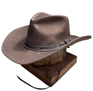 Chapeau de cowboy en cuir véritable marron, style western, avec cordon de menton à lacets, large bord, unisexe, vintage, chapeau Outback pour une utilisation quotidienne en extérieur - Product Image 1