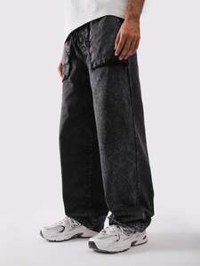 Nouveau pantalon décontracté pour homme en toile délavée, respirant, léger, coupe large, taille élastique, taille mi-haute, noir - Product Image 2